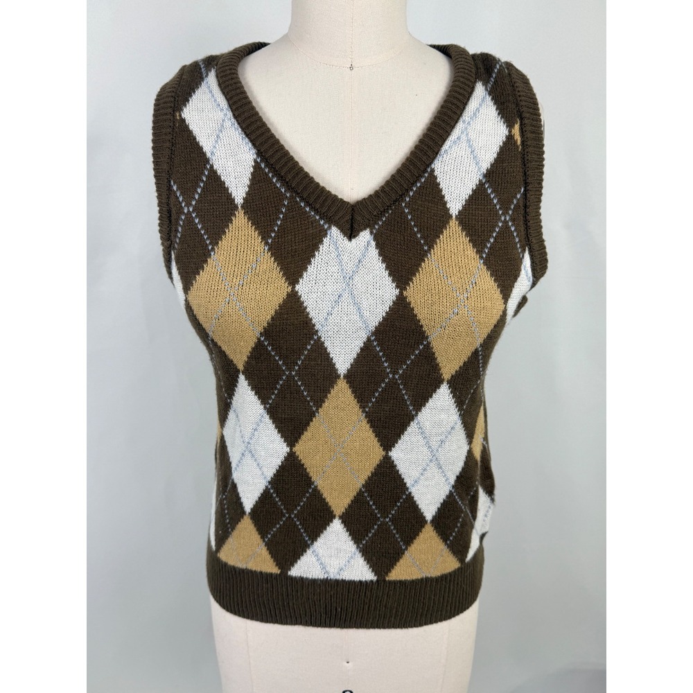 LoveTree Sz M Argyle Sweater Vest Top Preppy Academia Plaid Patchwork Old Money